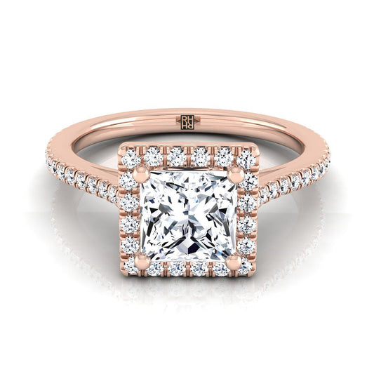 14K Rose Gold Princess Cut Classic French Pave Halo and Linear Engagement Ring -1/4ctw