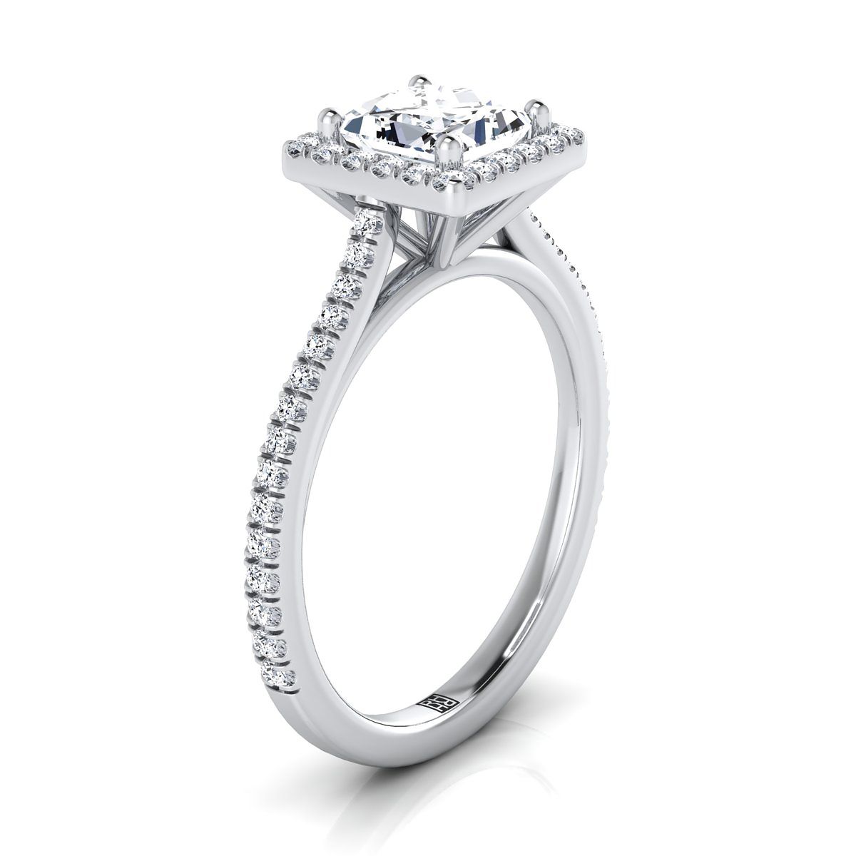 18K White Gold Princess Cut Classic French Pave Halo and Linear Engagement Ring -1/4ctw