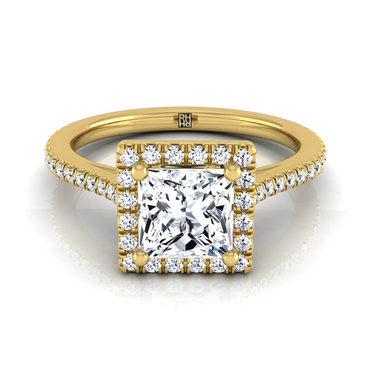 18K Yellow Gold Princess Cut Classic French Pave Halo and Linear Engagement Ring -1/4ctw