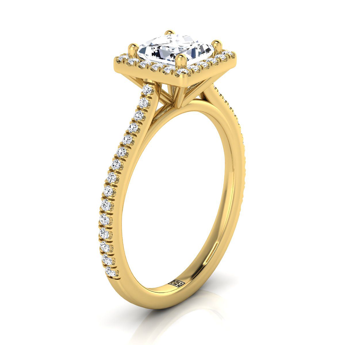 14K Yellow Gold Princess Cut Classic French Pave Halo and Linear Engagement Ring -1/4ctw