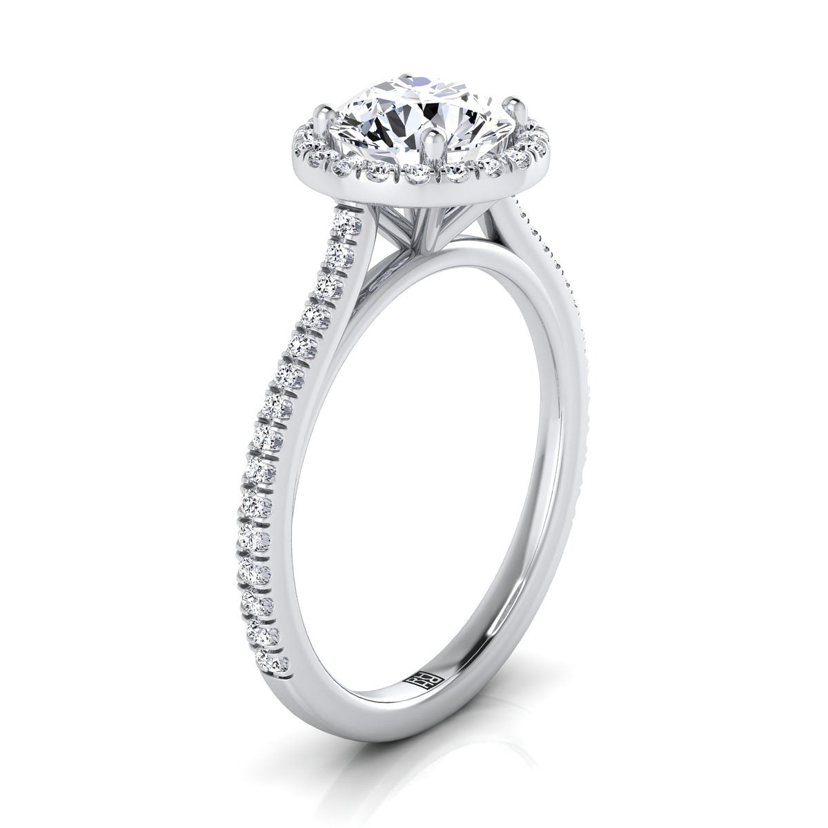 18K White Gold Round Brilliant Classic French Pave Halo and Linear Engagement Ring -1/4ctw