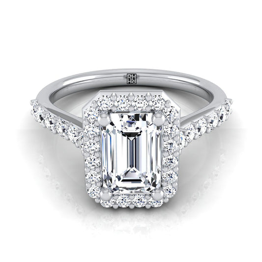 Platinum Emerald Cut Diamond Shared Prong Halo with French Pave Engagement Ring -1/2ctw