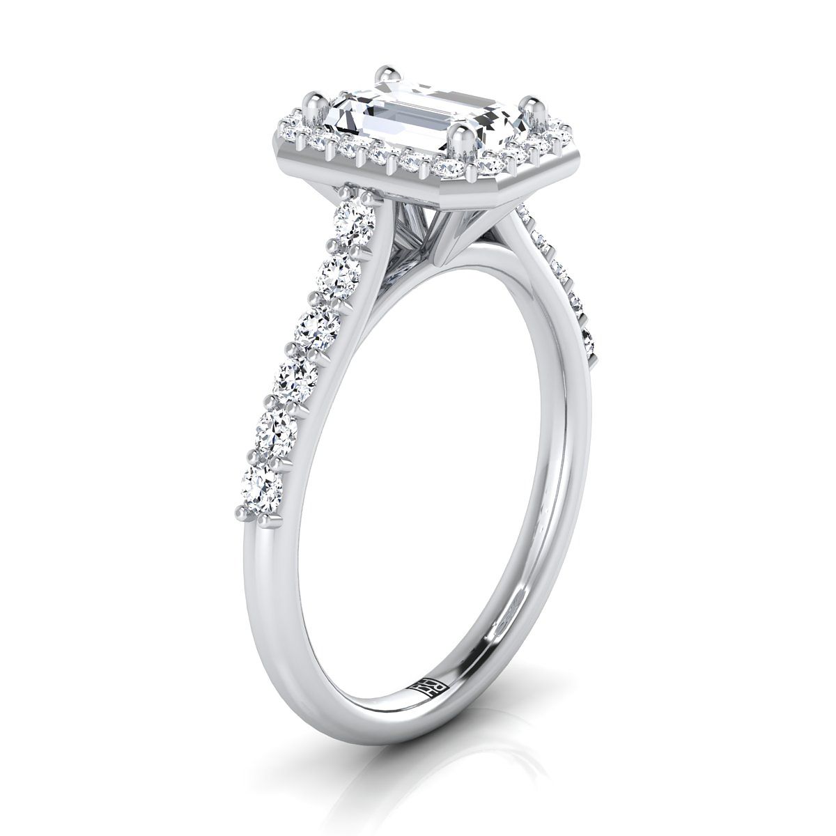 14K White Gold Emerald Cut Diamond Shared Prong Halo with French Pave Engagement Ring -1/2ctw
