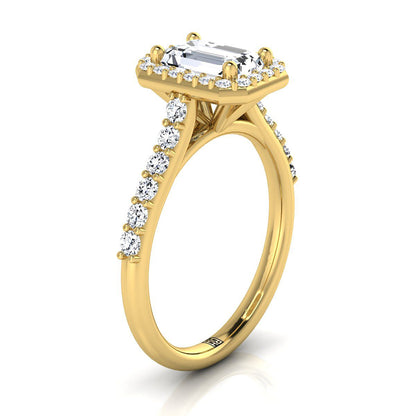 14K Yellow Gold Emerald Cut Diamond Shared Prong Halo with French Pave Engagement Ring -1/2ctw