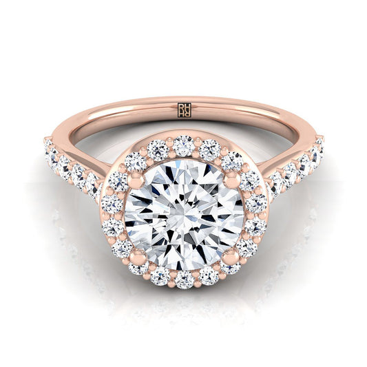 14K Rose Gold Round Brilliant Diamond Shared Prong Halo with French Pave Engagement Ring -1/2ctw