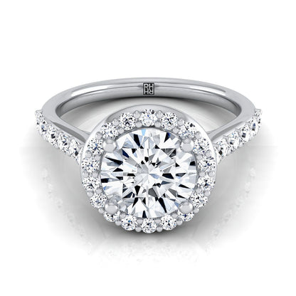 18K White Gold Round Brilliant Diamond Shared Prong Halo with French Pave Engagement Ring -1/2ctw