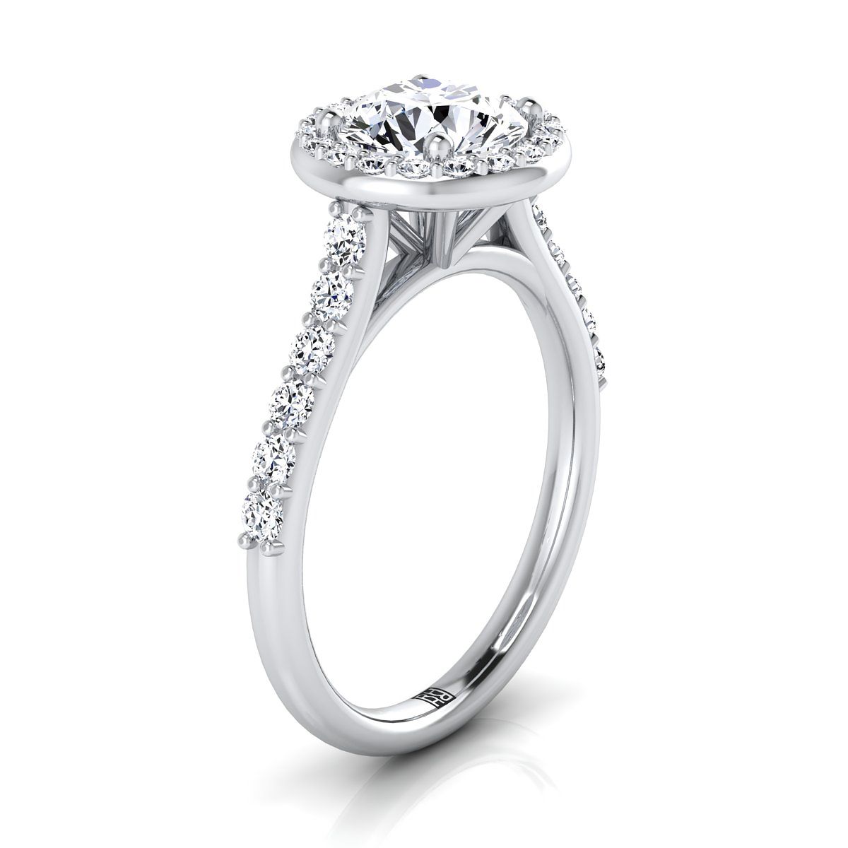 Platinum Round Brilliant Diamond Shared Prong Halo with French Pave Engagement Ring -1/2ctw