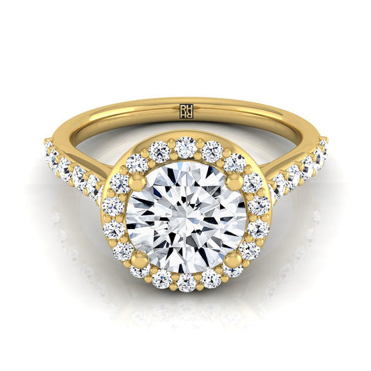 18K Yellow Gold Round Brilliant Diamond Shared Prong Halo with French Pave Engagement Ring -1/2ctw