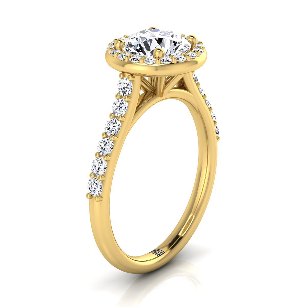 14K Yellow Gold Round Brilliant Diamond Shared Prong Halo with French Pave Engagement Ring -1/2ctw