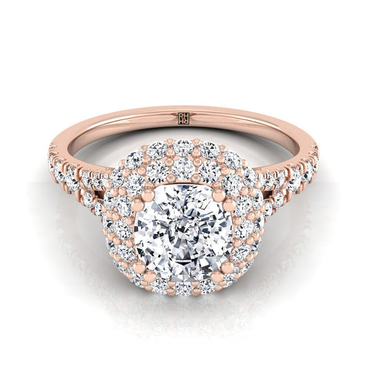 14K Rose Gold Cushion Diamond Double Halo Split Shank French Pave Engagement Ring -5/8ctw