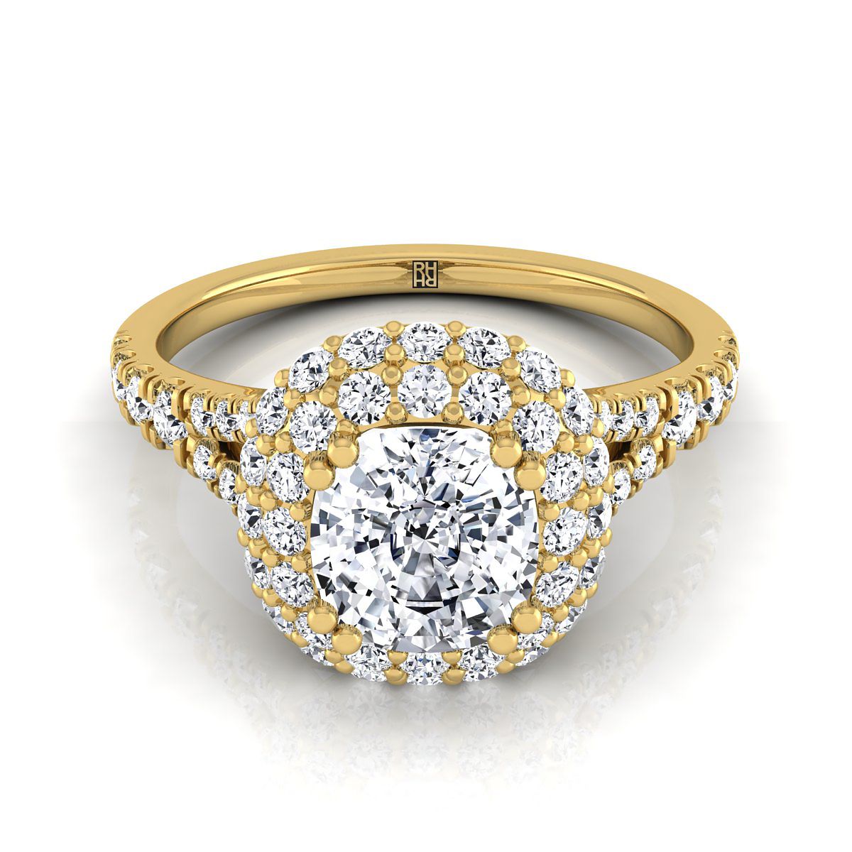 14K Yellow Gold Cushion Diamond Double Halo Split Shank French Pave Engagement Ring -5/8ctw