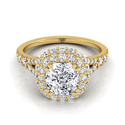 18K Yellow Gold Cushion Diamond Double Halo Split Shank French Pave Engagement Ring -5/8ctw