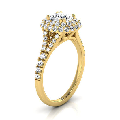 18K Yellow Gold Cushion Diamond Double Halo Split Shank French Pave Engagement Ring -5/8ctw