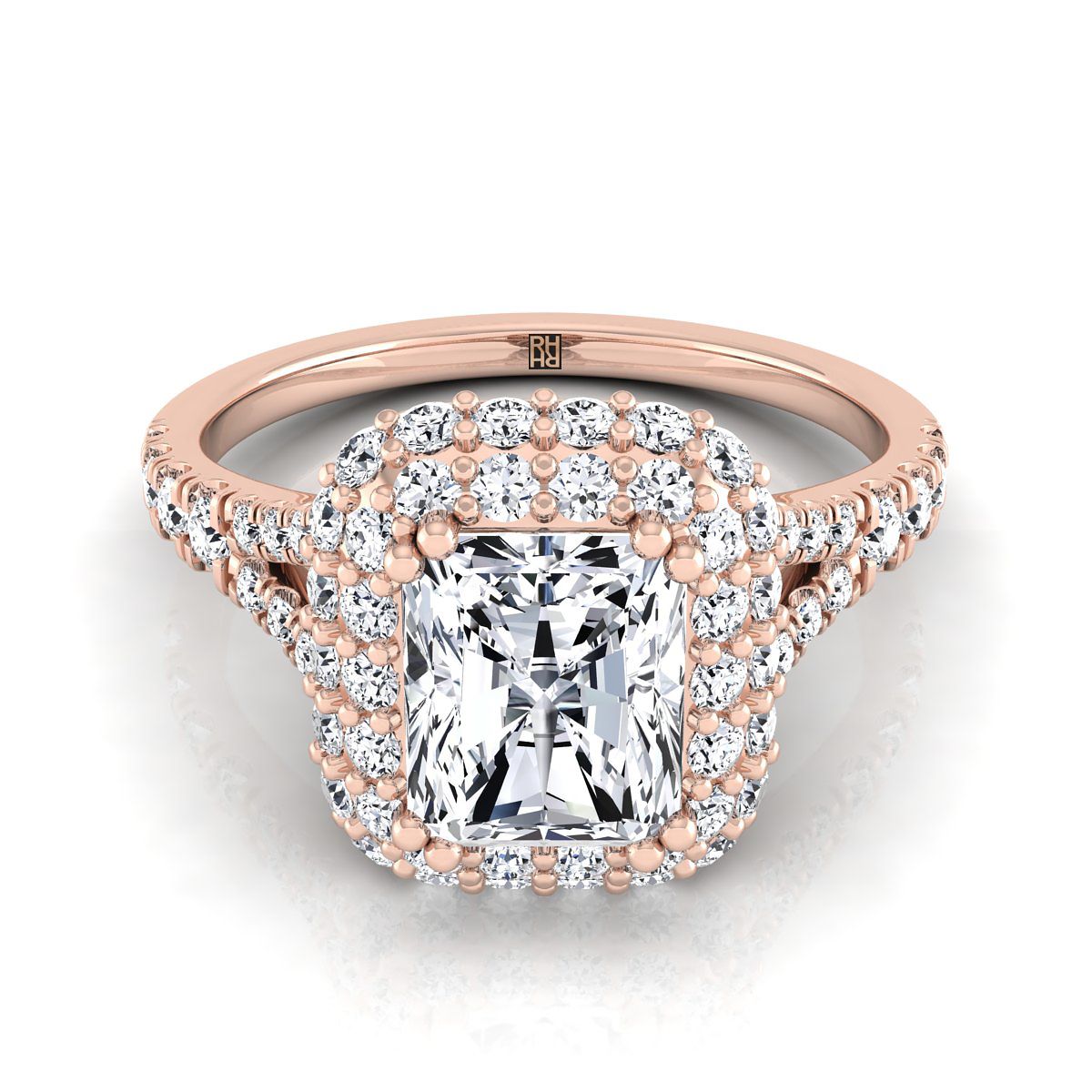 14K Rose Gold Radiant Cut Center Diamond Double Halo Split Shank French Pave Engagement Ring -5/8ctw