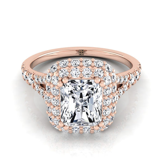 14K Rose Gold Radiant Cut Center Diamond Double Halo Split Shank French Pave Engagement Ring -5/8ctw
