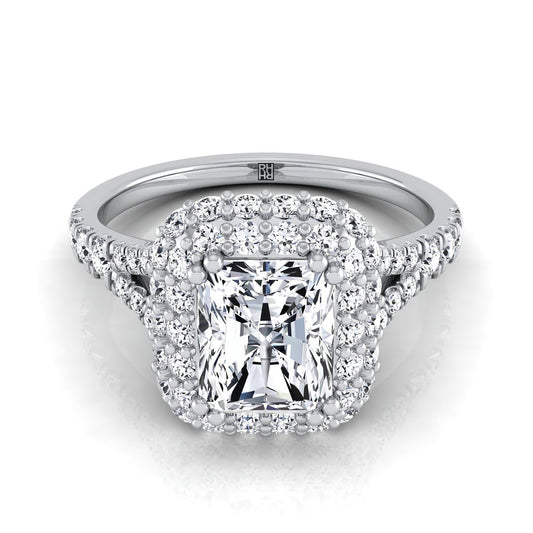 Platinum Radiant Cut Center Diamond Double Halo Split Shank French Pave Engagement Ring -5/8ctw