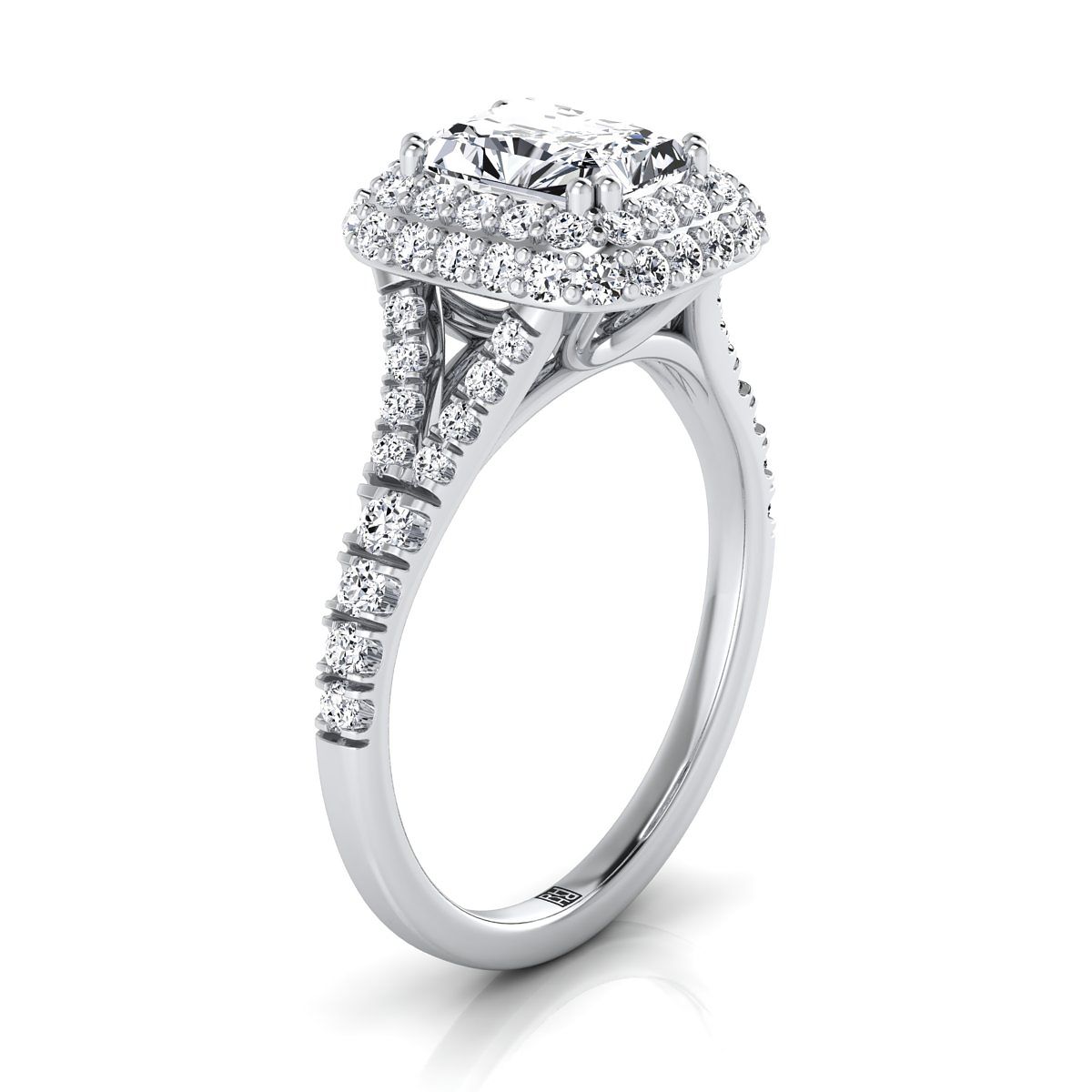 14K White Gold Radiant Cut Center Diamond Double Halo Split Shank French Pave Engagement Ring -5/8ctw
