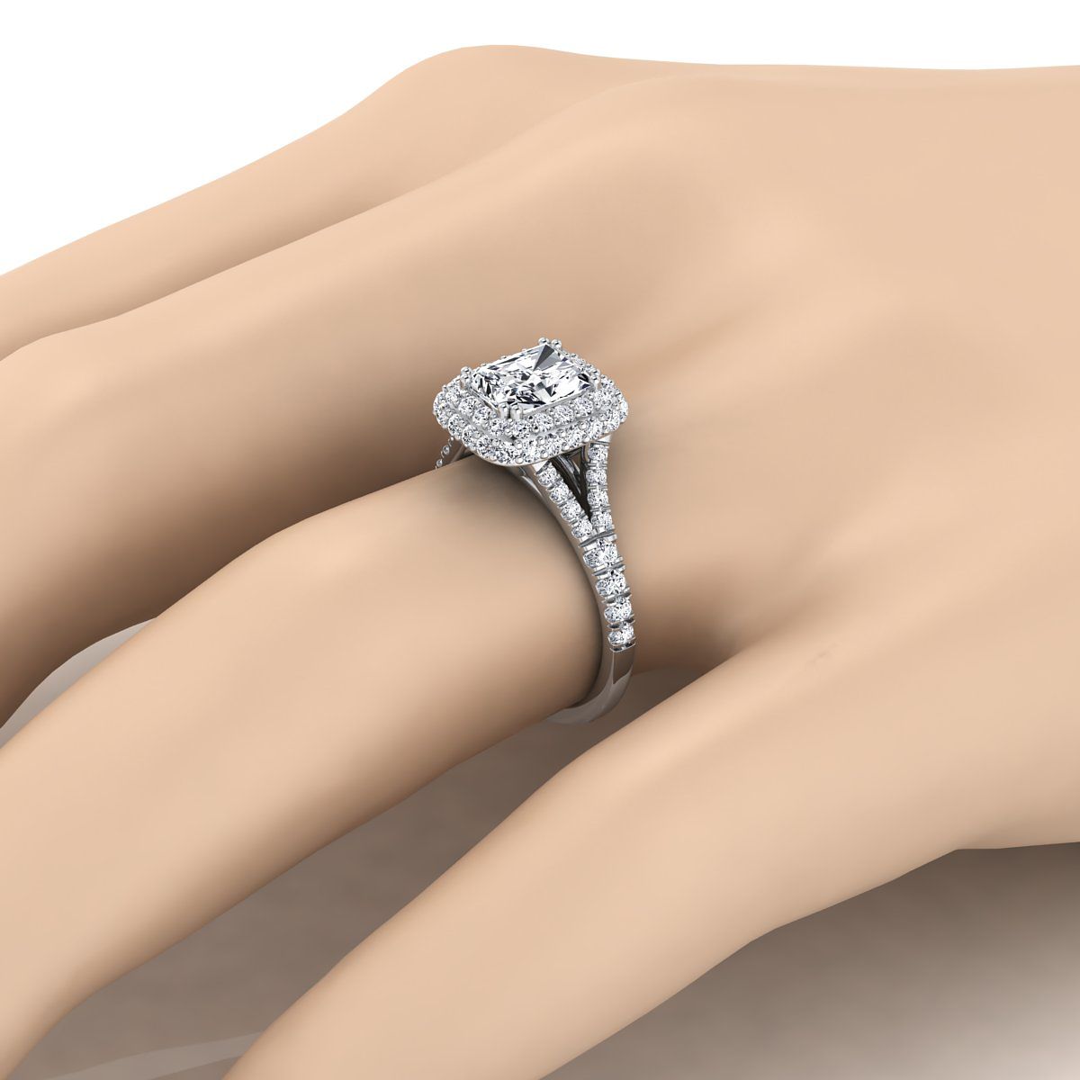 18K White Gold Radiant Cut Center Diamond Double Halo Split Shank French Pave Engagement Ring -5/8ctw