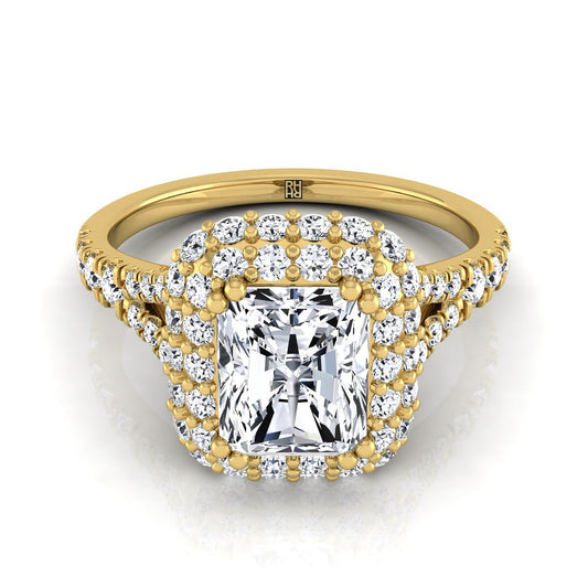 18K Yellow Gold Radiant Cut Center Diamond Double Halo Split Shank French Pave Engagement Ring -5/8ctw