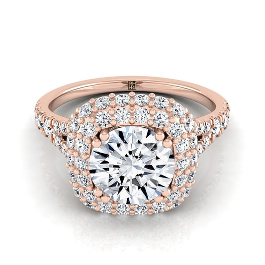 14K Rose Gold Round Brilliant Diamond Double Halo Split Shank French Pave Engagement Ring -5/8ctw