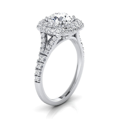 18K White Gold Round Brilliant Diamond Double Halo Split Shank French Pave Engagement Ring -5/8ctw