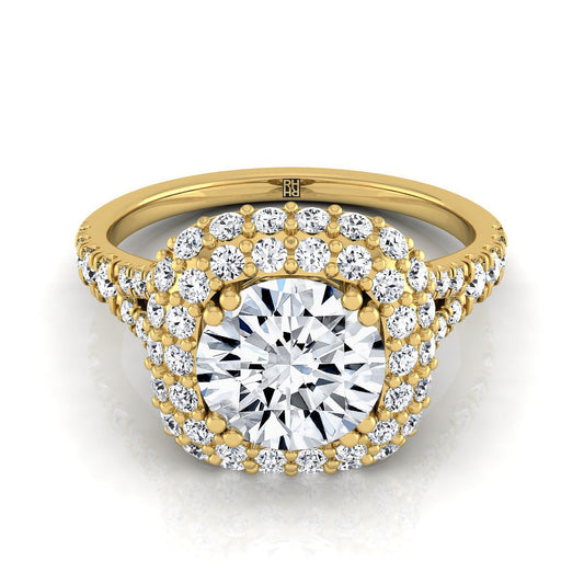 18K Yellow Gold Round Brilliant Diamond Double Halo Split Shank French Pave Engagement Ring -5/8ctw