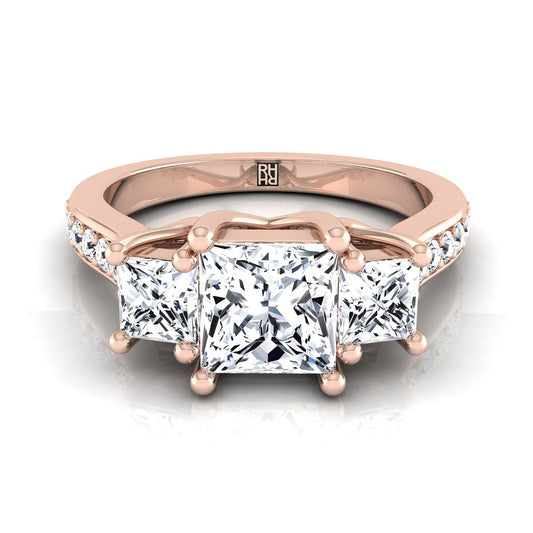 14K Rose Gold Princess Cut Diamond Three Stone Classic with Channel French Pave Engagement Ring -3/4ctw