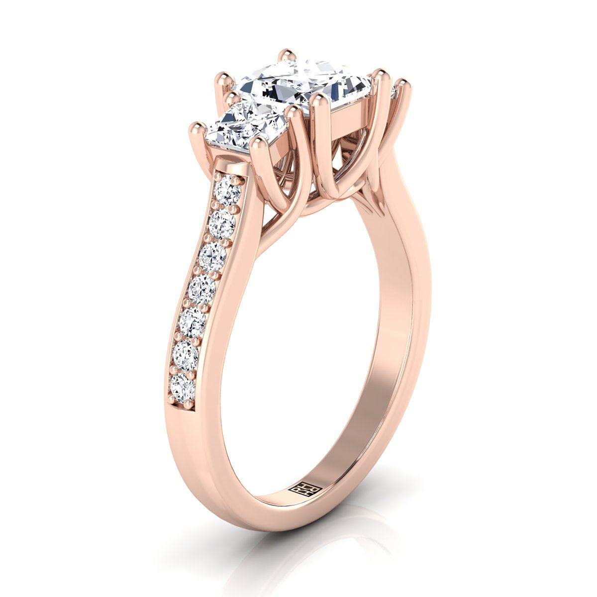 14K Rose Gold Princess Cut Diamond Three Stone Classic with Channel French Pave Engagement Ring -3/4ctw