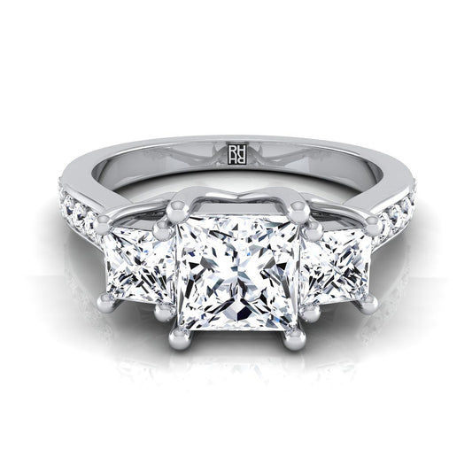 18K White Gold Princess Cut Diamond Three Stone Classic with Channel French Pave Engagement Ring -3/4ctw