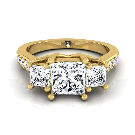 14K Yellow Gold Princess Cut Diamond Three Stone Classic with Channel French Pave Engagement Ring -3/4ctw