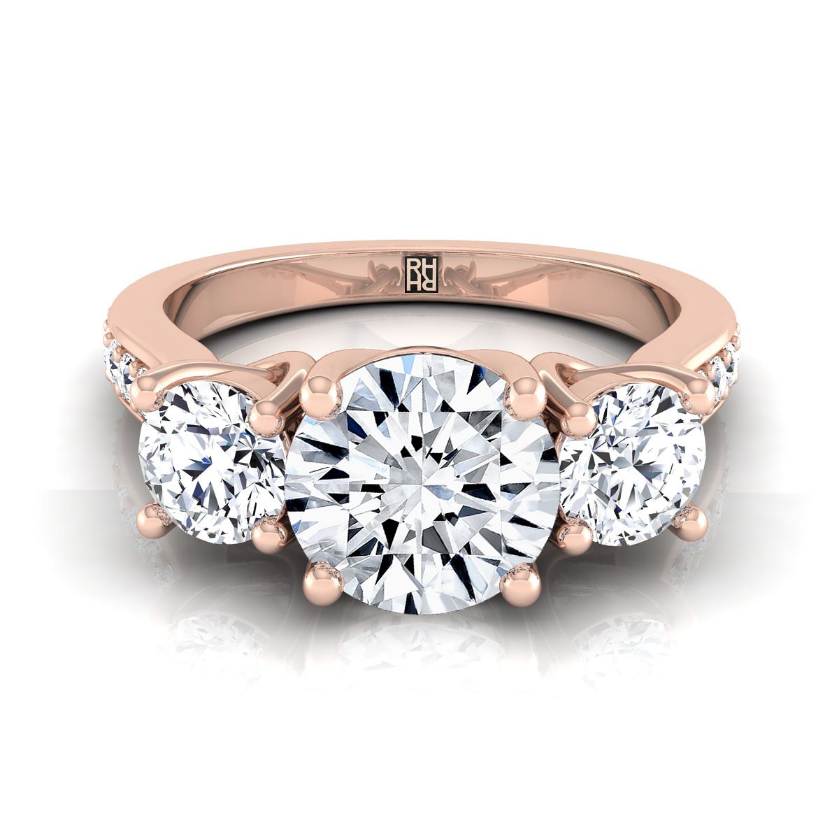 14K Rose Gold Round Brilliant Diamond Three Stone Classic with Channel French Pave Engagement Ring -7/8ctw