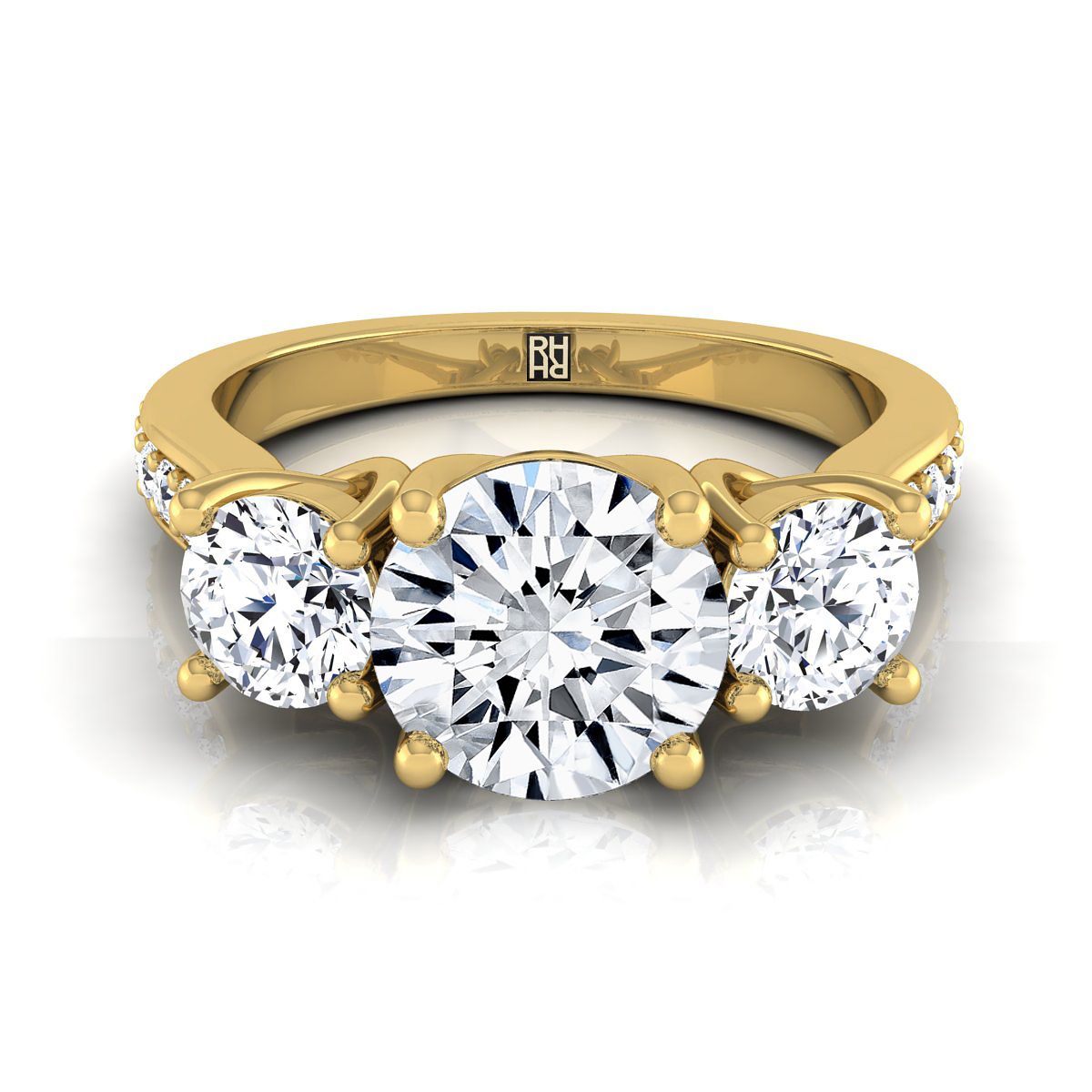 18K Yellow Gold Round Brilliant Diamond Three Stone Classic with Channel French Pave Engagement Ring -7/8ctw
