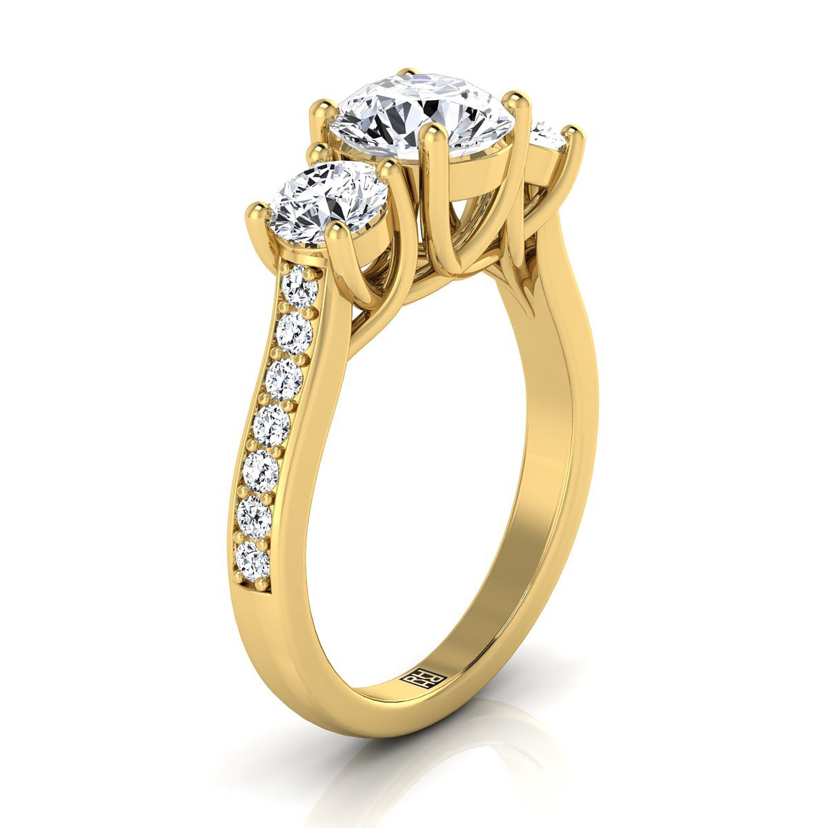 18K Yellow Gold Round Brilliant Diamond Three Stone Classic with Channel French Pave Engagement Ring -7/8ctw