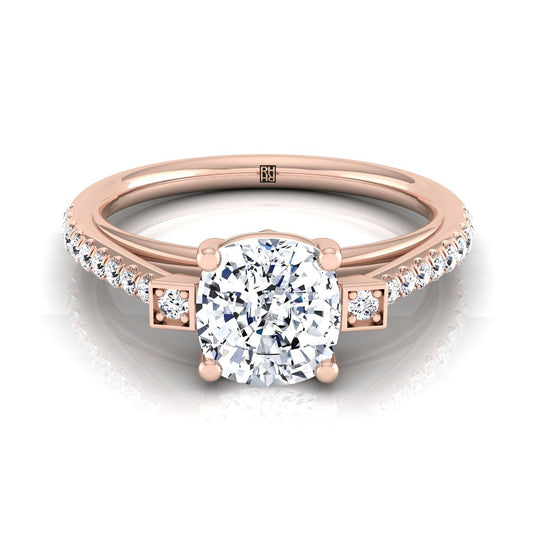 14K Rose Gold Cushion Diamond Delicate Three Stone Pave Engagement Ring -1/3ctw