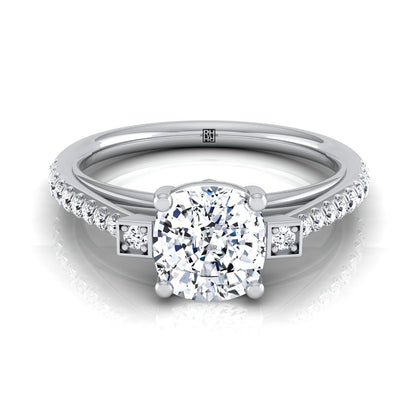 Platinum Cushion Diamond Delicate Three Stone Pave Engagement Ring -1/3ctw