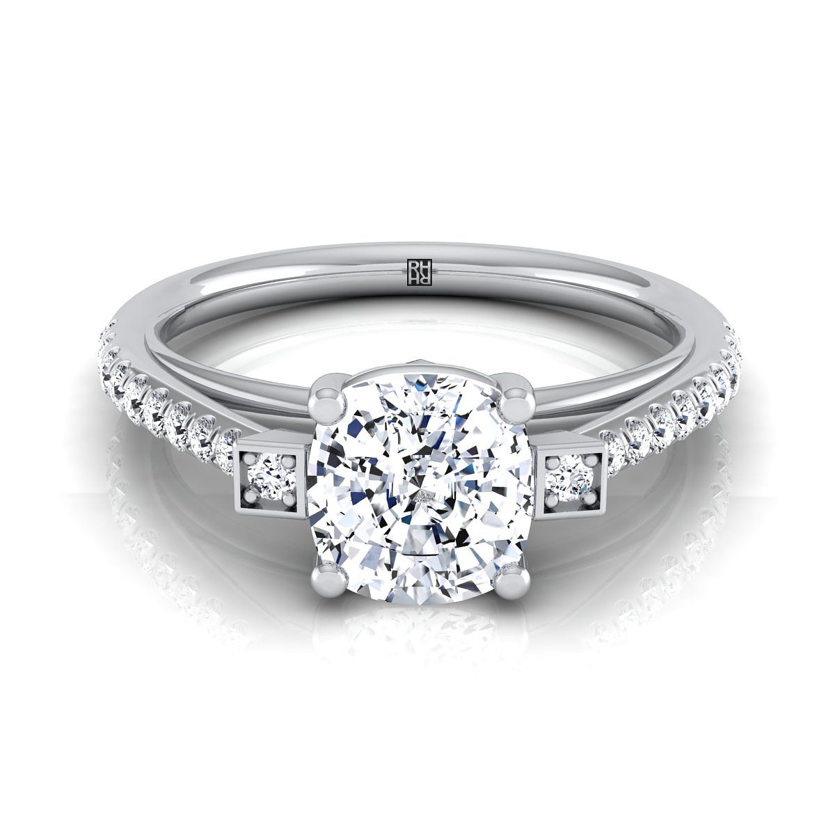 14K White Gold Cushion Diamond Delicate Three Stone Pave Engagement Ring -1/3ctw