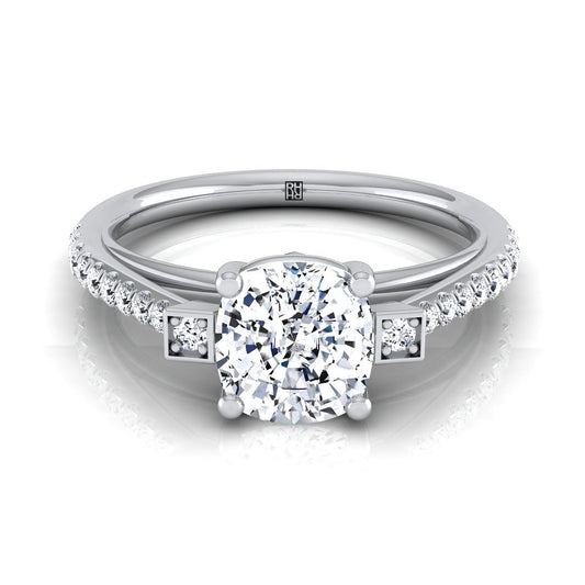 14K White Gold Cushion Diamond Delicate Three Stone Pave Engagement Ring -1/3ctw