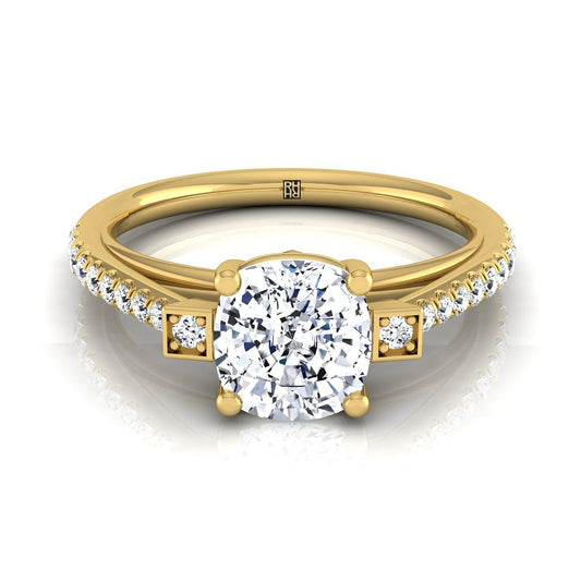 14K Yellow Gold Cushion Diamond Delicate Three Stone Pave Engagement Ring -1/3ctw