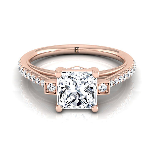 14K Rose Gold Princess Cut Diamond Delicate Three Stone Pave Engagement Ring -1/3ctw