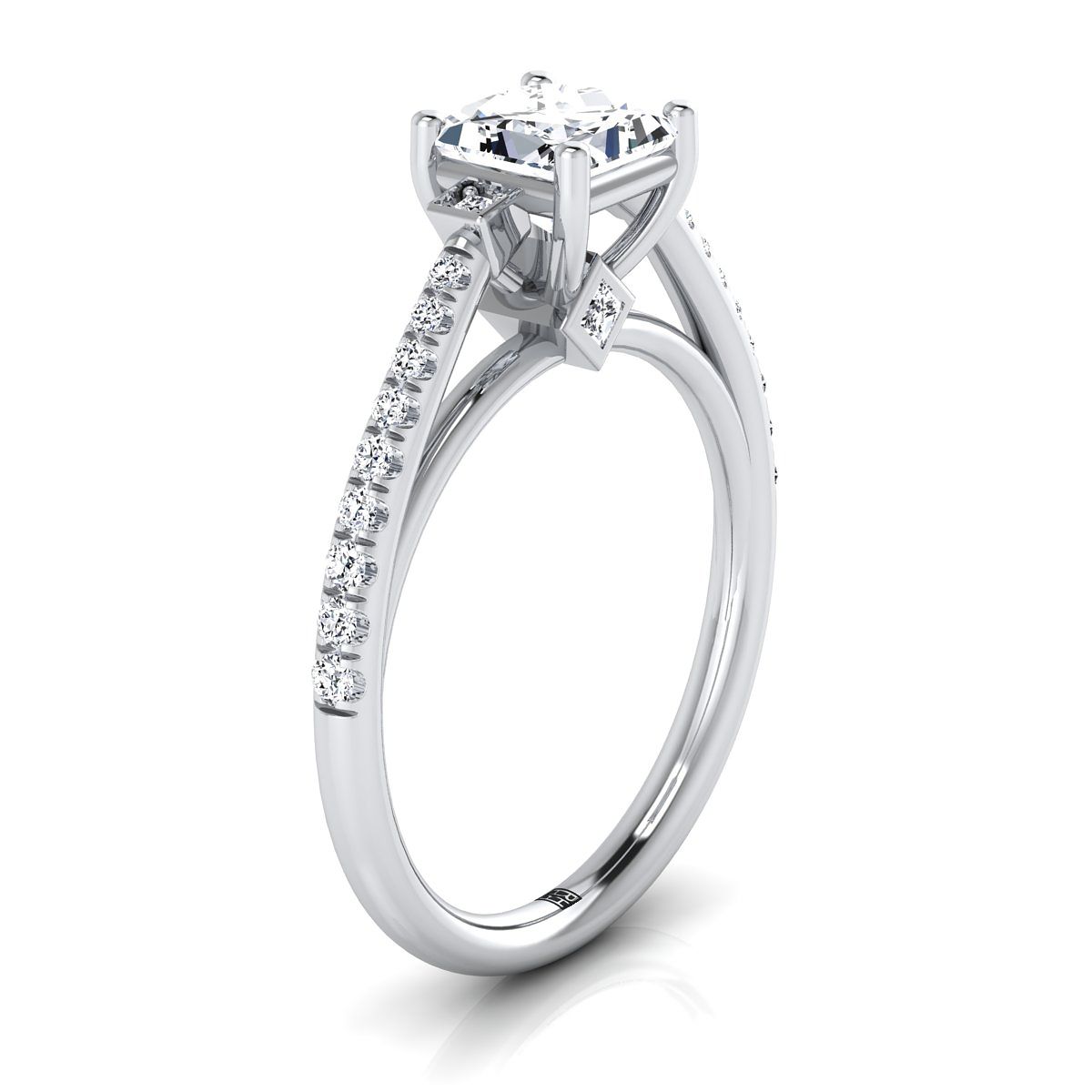 18K White Gold Princess Cut Diamond Delicate Three Stone Pave Engagement Ring -1/3ctw