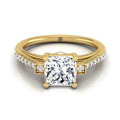18K Yellow Gold Princess Cut Diamond Delicate Three Stone Pave Engagement Ring -1/3ctw