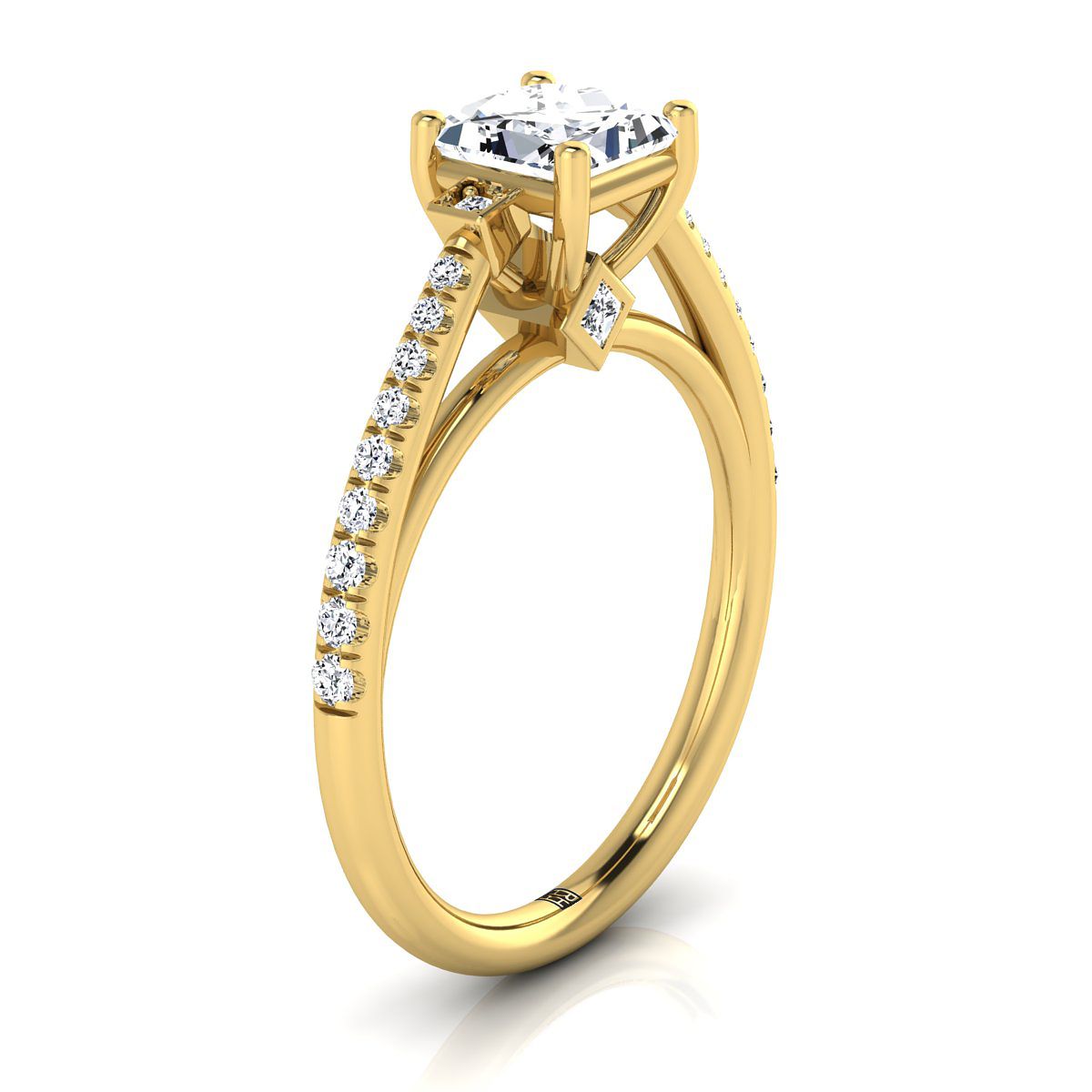 14K Yellow Gold Princess Cut Diamond Delicate Three Stone Pave Engagement Ring -1/3ctw
