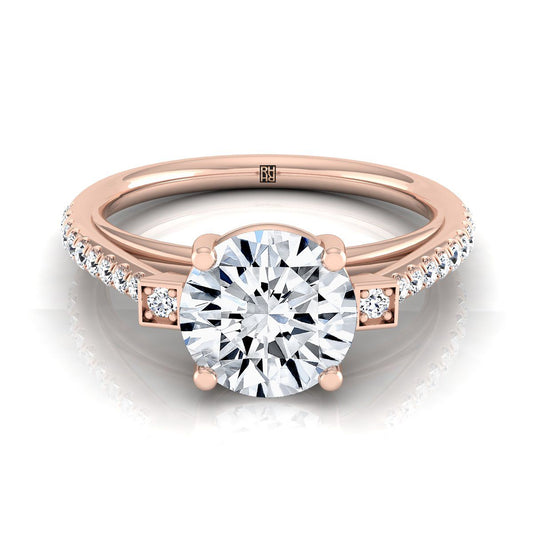 14K Rose Gold Round Brilliant Diamond Delicate Three Stone Pave Engagement Ring -1/3ctw