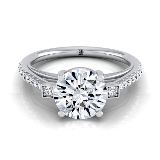 18K White Gold Round Brilliant Diamond Delicate Three Stone Pave Engagement Ring -1/3ctw
