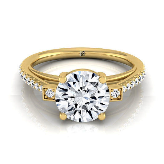 18K Yellow Gold Round Brilliant Diamond Delicate Three Stone Pave Engagement Ring -1/3ctw