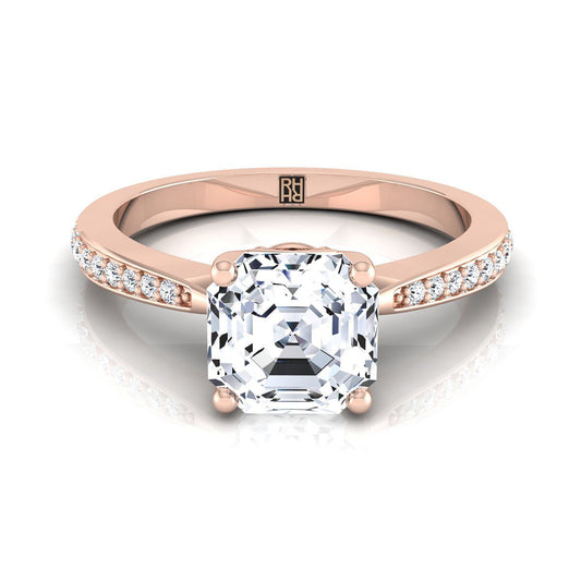 14K Rose Gold Asscher Cut Diamond Tapered Pave Engagement Ring -1/8ctw