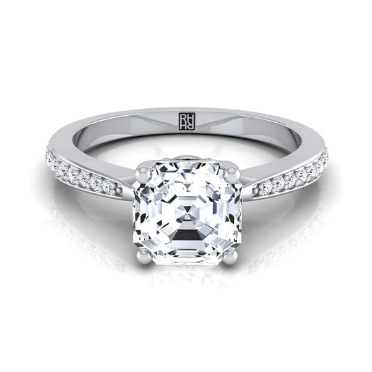 18K White Gold Asscher Cut Diamond Tapered Pave Engagement Ring -1/8ctw