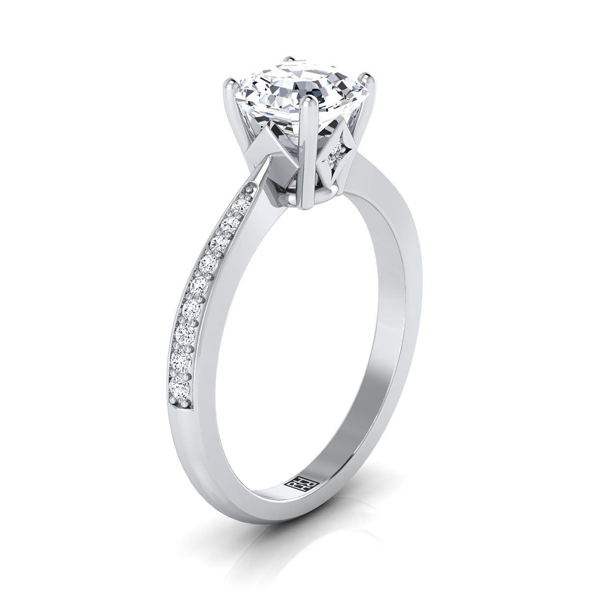 18K White Gold Asscher Cut Diamond Tapered Pave Engagement Ring -1/8ctw