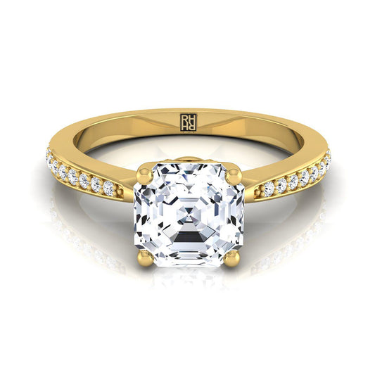18K Yellow Gold Asscher Cut Diamond Tapered Pave Engagement Ring -1/8ctw