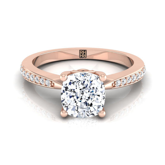 14K Rose Gold Cushion Diamond Tapered Pave Engagement Ring -1/8ctw